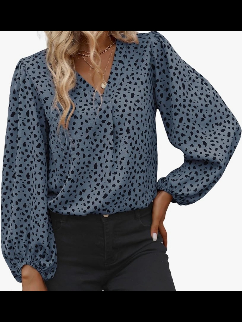 NEW Blue Leopard Print V-Neck Balloon Sleeve Blouse